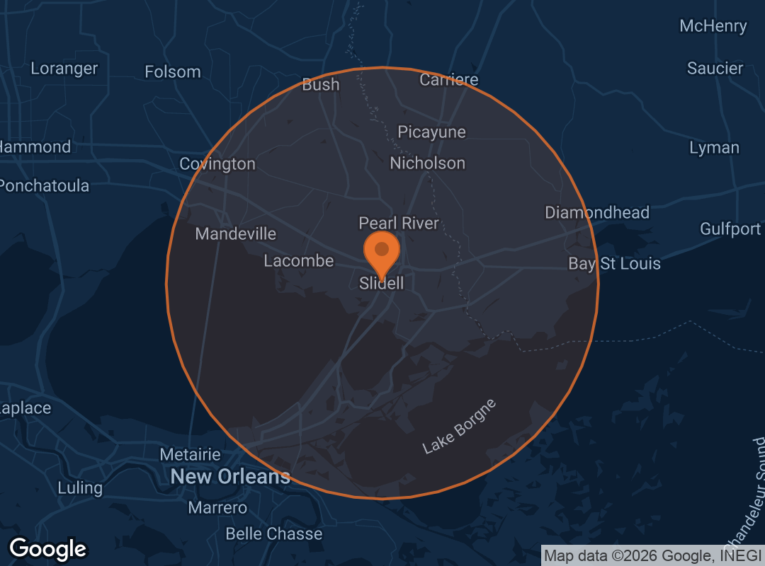 Map of the Prime South service area: Slidell plus a 25-mile radius covering the Northshore and Greater New Orleans